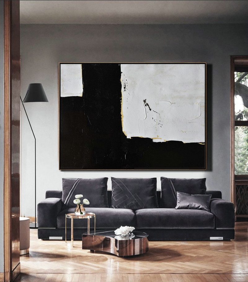Huge Canvas Art On Canvas,Horizontal Palette Knife Minimal Canvas Art Painting Black White Beige - Large Abstract Art Handmade Acrylic Painting